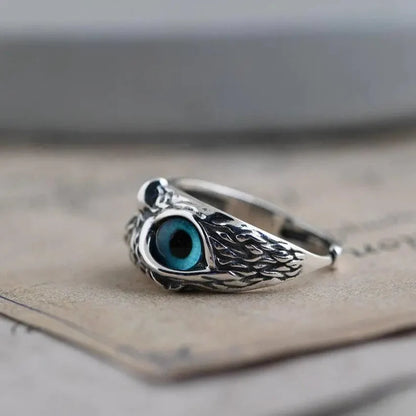 Owl of good luck adjustable ring in silver and opal