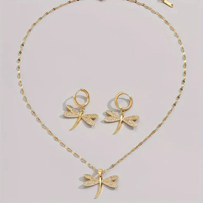 Gold Dragonfly Jewelry Necklace with Bonus Earrings